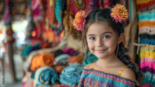 A girl shows off her handicrafts with a proud smile in the house.