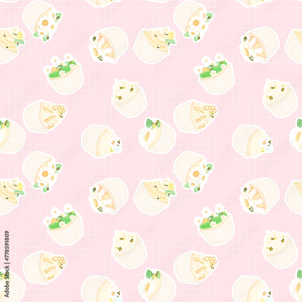 seamless pattern with bee and flower cupcakes seamless pattern with bee and flower cupcakes