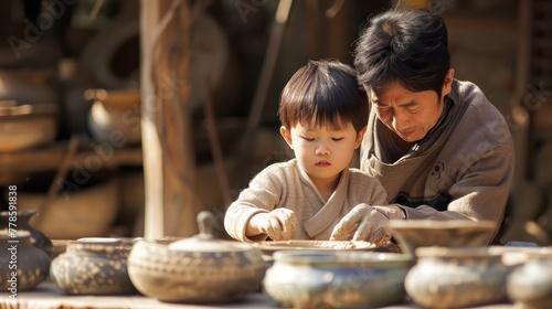 A asia child and an adult making a traditional asia pottery.