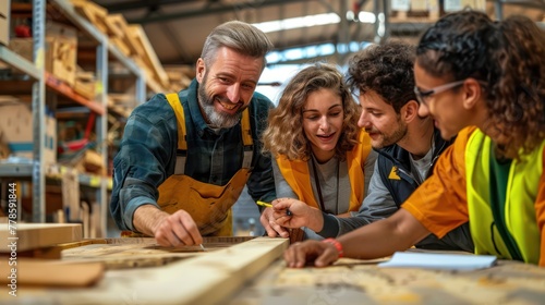 A group of people are working together in a warehouse