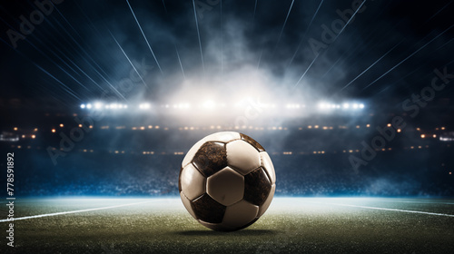 Dramatic Soccer Ball on Stadium Field with Spotlights and Dark Sky