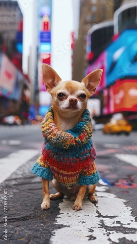 A tiny Chihuahua in a colorful sweater braves the bustling streets of a big city, its stature small but its spirit mighty, highlighting the contrast between its delicate form and bold heart low noise photo