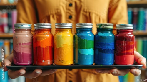 A person is holding a tray with six jars of paint, each with a different color