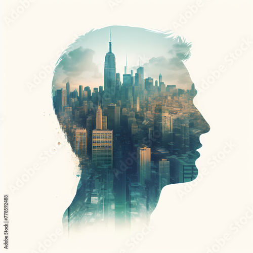 Double exposure of a city skyline and a persons sillhouette