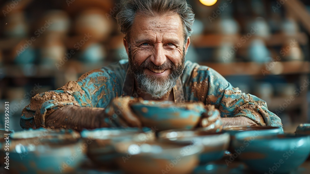 A craftsman shaping a clay pot on a spinning wheel in a pottery studio, surrounded by handmade ceramic pieces.