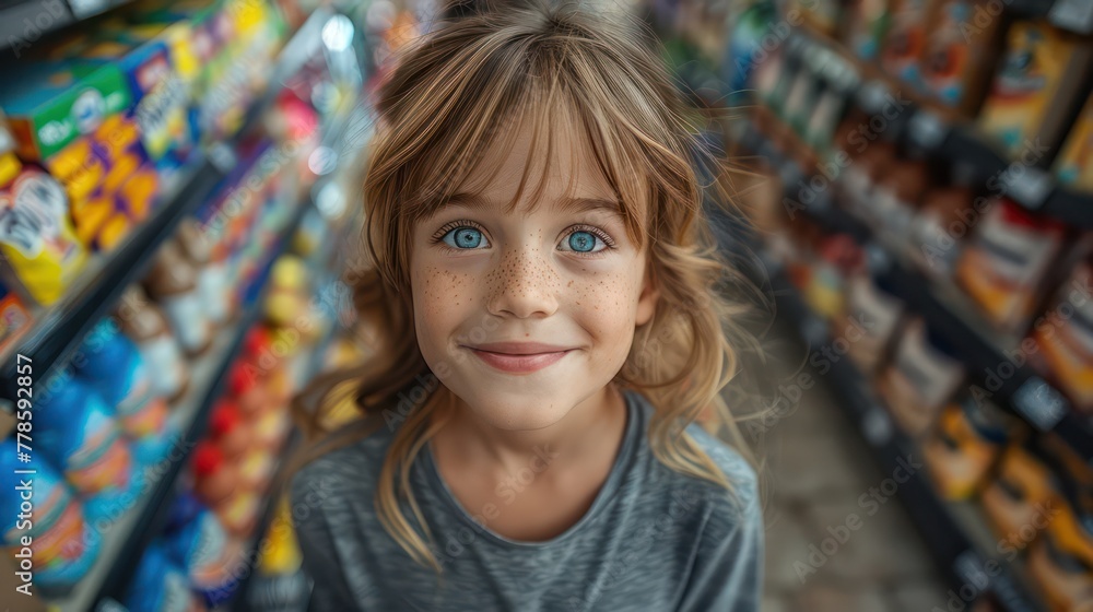 A happy kid surrounded by school supplies inside the supermarket. A happy kid surrounded by school supplies inside the supermarket.