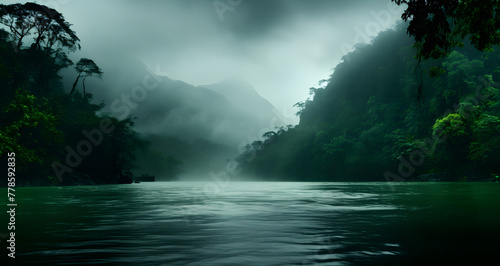 a river with low cloud covers and a forested area