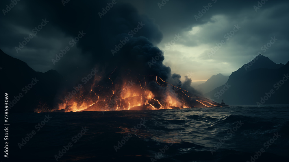 Fiery Volcanic Eruption at Sea with Smoke and Ash Clouds at Dusk