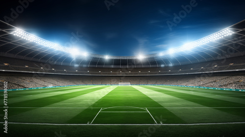 Illuminated Soccer Field in Stadium with Blue Twilight Sky © heroimage.io