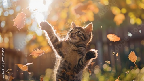 A playful kitten, pouncing on falling autumn leaves in a backyard, its fur dappled with sunlight filtering through the trees, capturing the joy and curiosity of youth no dust