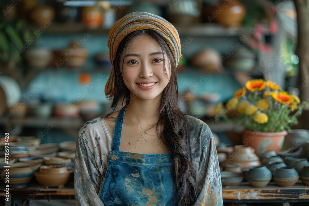 Asia woman wearing a blue apron and a yellow scarf is smiling at the camera. She is surrounded by many different types of pottery, including vases and bowls. The scene gives off a warm