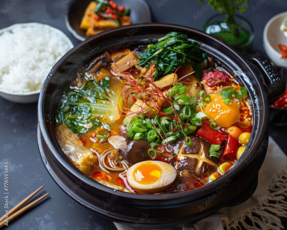 Flavor-packed vegetarian hotpot showcasing the art of balancing natural Flavor-packed vegetarian hotpot showcasing the art of balancing natural
