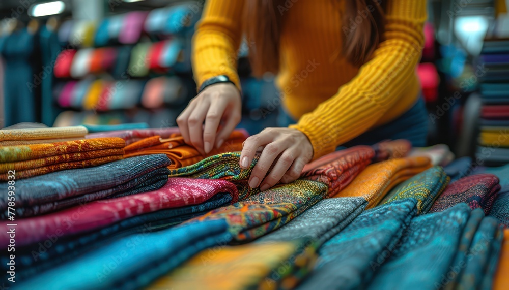 Fototapeta premium A woman is looking at a pile of colorful fabrics
