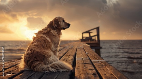 A loyal Golden Retriever waits patiently at the end of a windswept pier, gazing out over the ocean at sunset, symbolizing unwavering faithfulness and the bond between human and pet hyper realistic photo