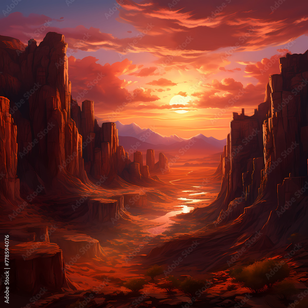 Sunset over a canyon with towering rock formations 