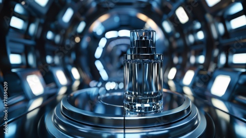 A futuristic, metallic perfume bottle, under the stark, artificial lights of a space station, reflecting humanity s dreams and the vastness of the cosmos no splash photo