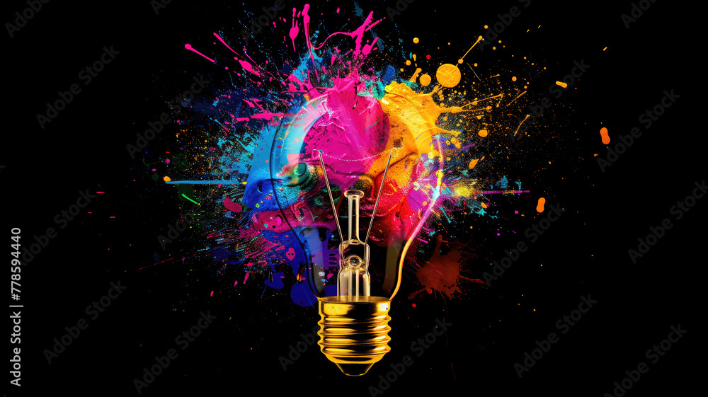 Creative light bulb explodes with colorful paint and splashes on a black background. Think differently creative idea concept Generative AI Creative light bulb explodes with colorful paint and splashes on a black background. Think differently creative idea concept Generative AI