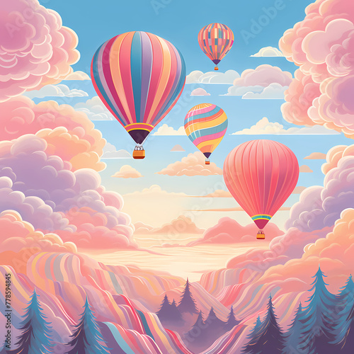 Whimsical hot air balloons in a pastel sky.