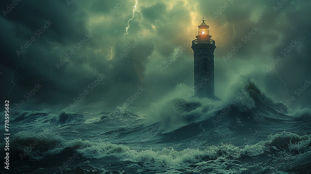 A eerie and moody lighthouse in a harsh storm.  Contrasting teal and orange tones have a strong vibe for your application.