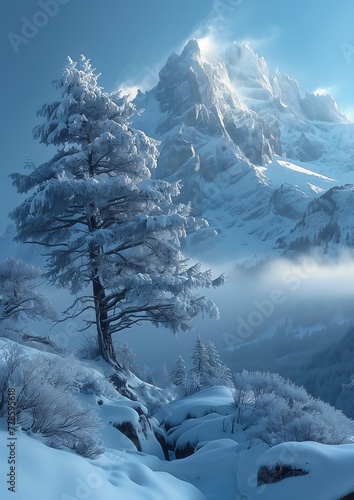 snowy mountain lone tree top breathtaking cold place perfect crisp sunlight zoomed out young misty wood niflheim classroom background icicle photo