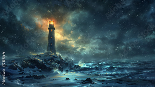 A eerie and moody lighthouse in a harsh storm. Contrasting teal and orange tones have a strong vibe for your application.