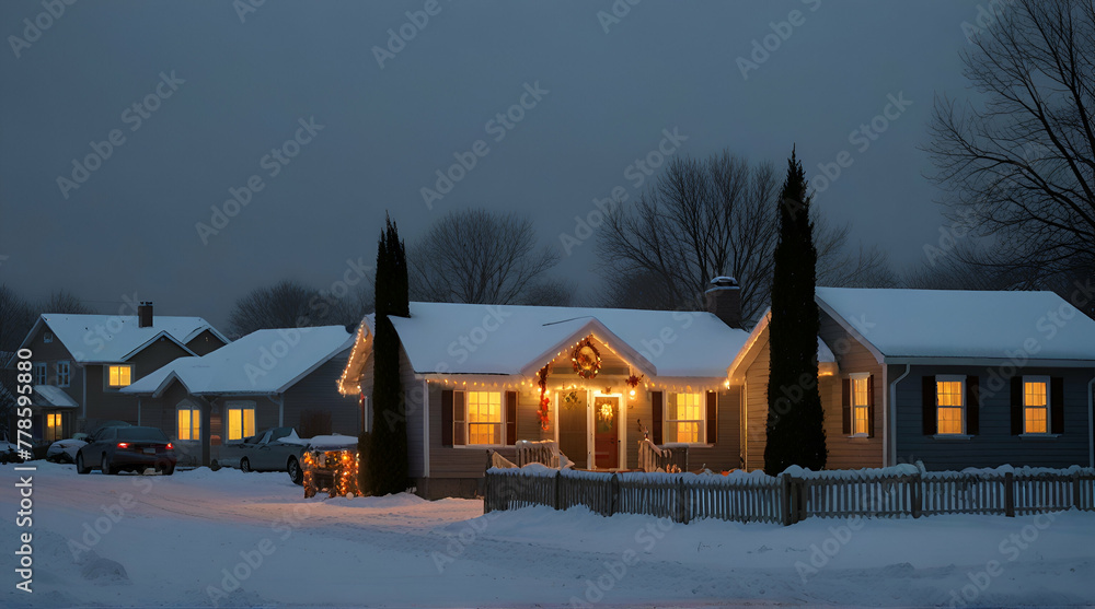 Houses in the suburbs during winter and snow decorated for christmas and the new year holidays.generative.ai