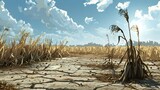 landscape of a drought natural disaster illustration - threat for the cultivation by drought