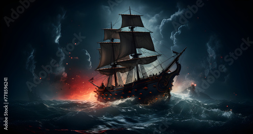 an illustration of a sail ship in the middle of a stormy ocean
