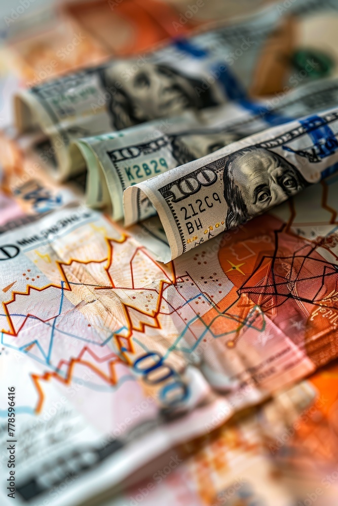 Naklejka premium Crumpled US hundred-dollar bills set against a backdrop of vivid financial charts, symbolizing economic analysis and market fluctuations.