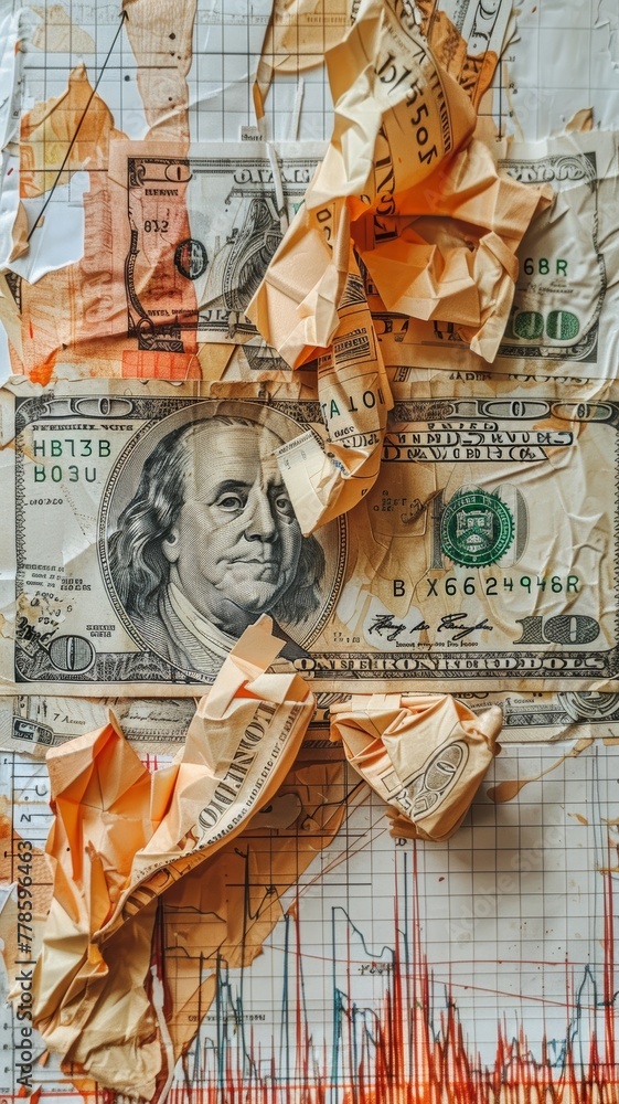 A chaotic assembly of crumpled financial documents and US dollar bills laid over fluctuating market graphs, depicting economic distress or disorganization. A chaotic assembly of crumpled financial documents and US dollar bills laid over fluctuating market graphs, depicting economic distress or disorganization.