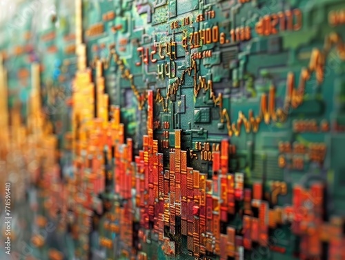 An abstract  colorful visualization of stock market data with depth and texture  representing complex financial information artistically.