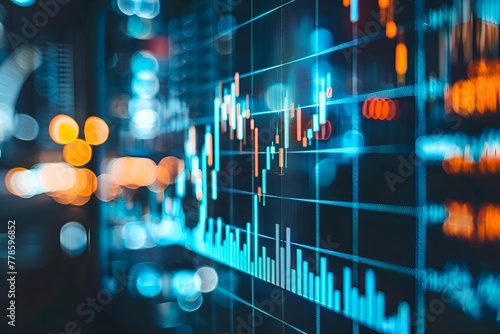 Data Analysis Illustration featuring stock / cryptocurrency bar chart screen , bokeh effects with bar chart market graph 