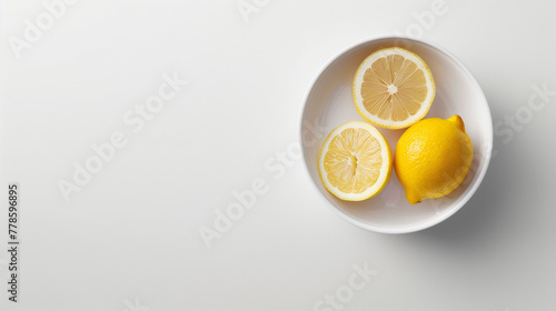 One whole lemon and two half sliced lemons in a bowl on white background top view photo