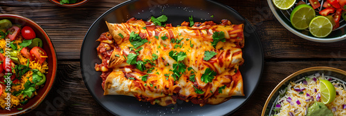 A plate of chicken enchiladas with side dishes on a rustic wooden table