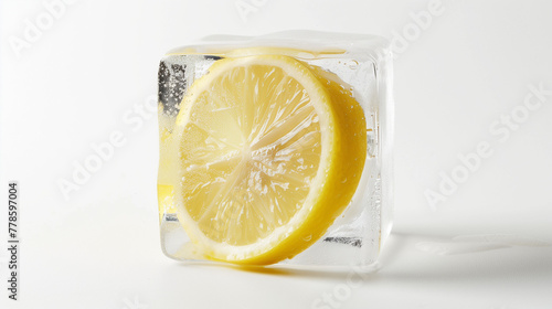 One whole lemon in an ice cube on white background