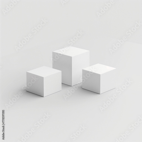 Three white boxes two rectangular and one cubic on white background