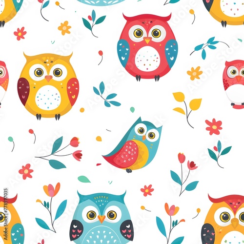 Cute cartoon owl seamless pattern, colorful, lovely and funny
