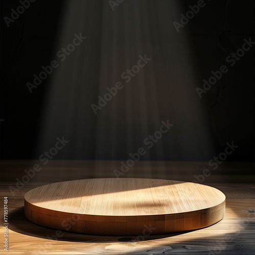 A round wooden stage with natural light with black background interior designs