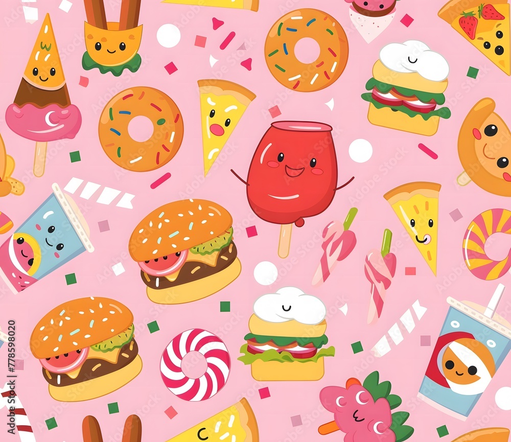 Cute cartoon pattern of fast food items on a pink background Cute cartoon pattern of fast food items on a pink background