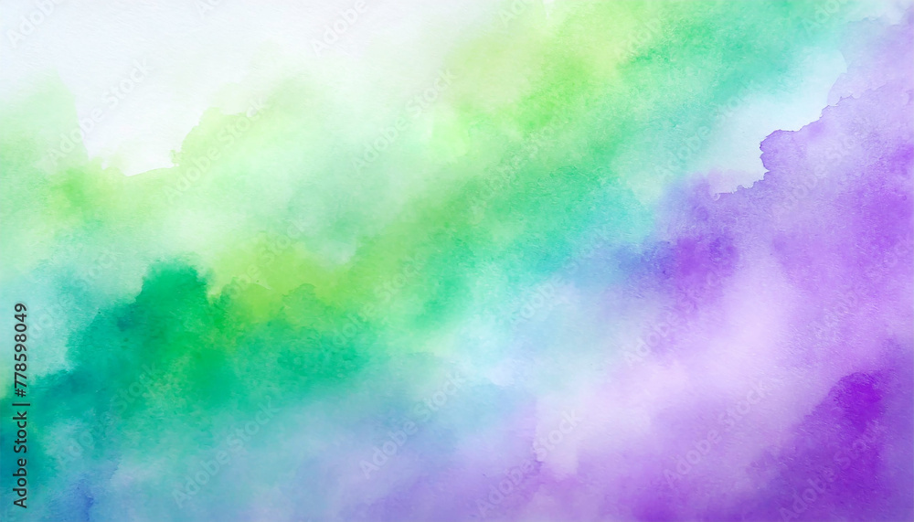 Abstract emerald green and lavender watercolor splash background