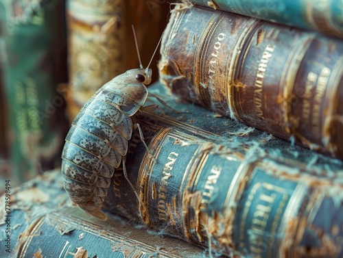Macro Photography of a Woodlouse Crawling Over Antique Leather Bound Books Stack photo