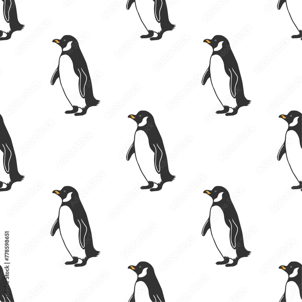 Fototapeta premium Penguins Arctic wildlife illustration. Vector art in onochrome linear style. Animals wild life seamless pattern.