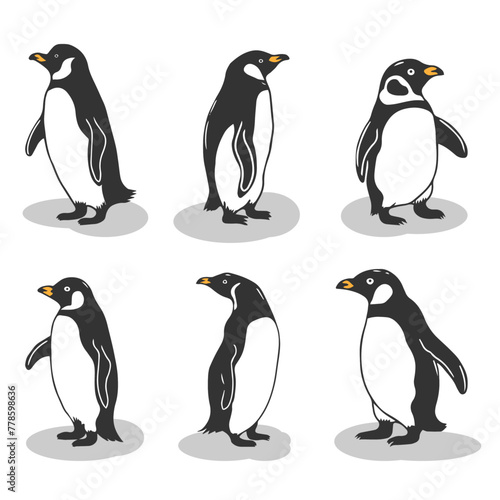 Penguins Arctic wildlife illustration.
Vector art in onochrome linear style. Animals wild life illustration.