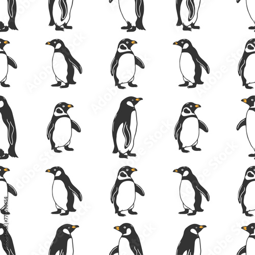 Penguins Arctic wildlife illustration.
Vector art in onochrome linear style. Animals wild life seamless pattern.