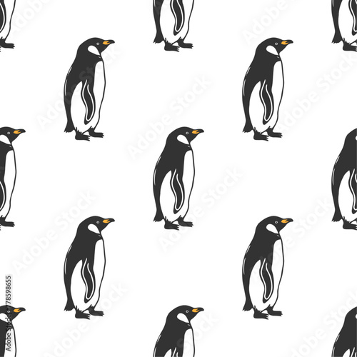 Penguins wildlife illustration.
Vector art in monochrome linear style. Animals wild life seamless pattern.