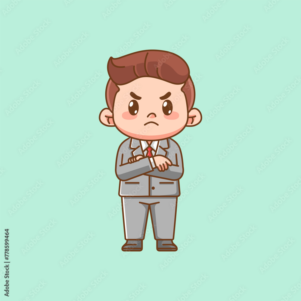 Cute mad businessman suit office workers kawaii chibi character mascot illustration outline style design