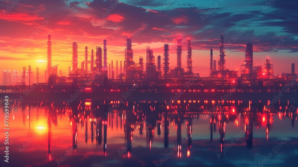 Fototapeta premium Dramatic Sunset Over Industrial Refinery and Water