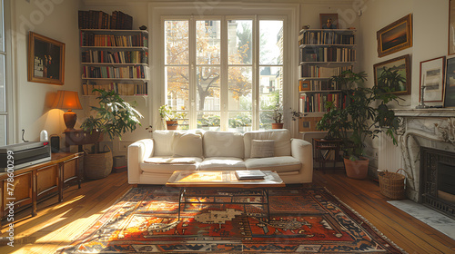 Living room with couch, fireplace, rug, bookshelves, and cozy interior design