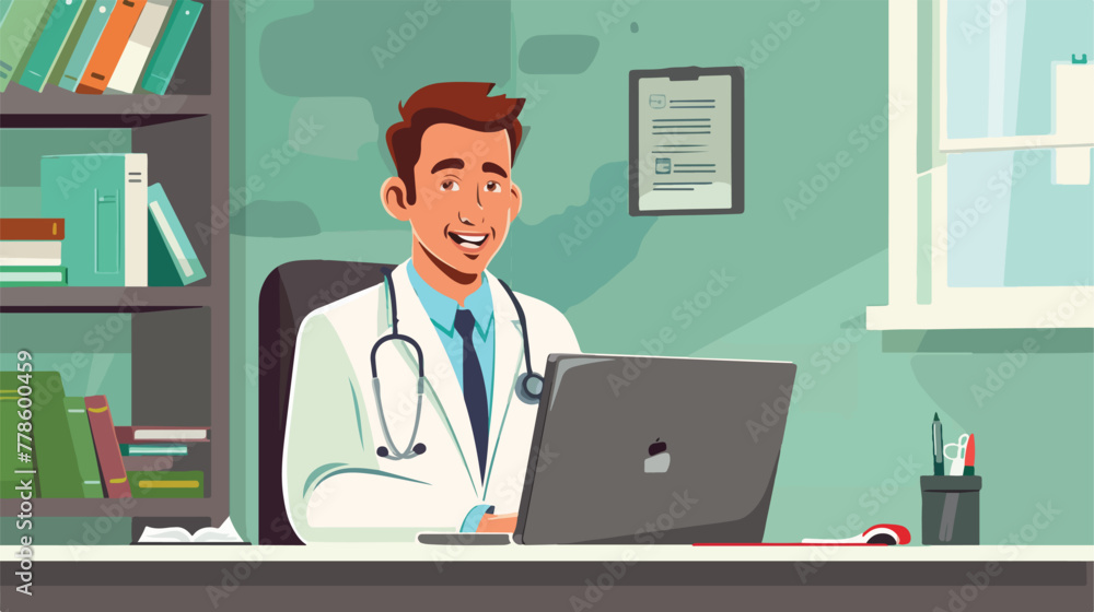 Medical doctor using laptop in clinic 2d flat carto
