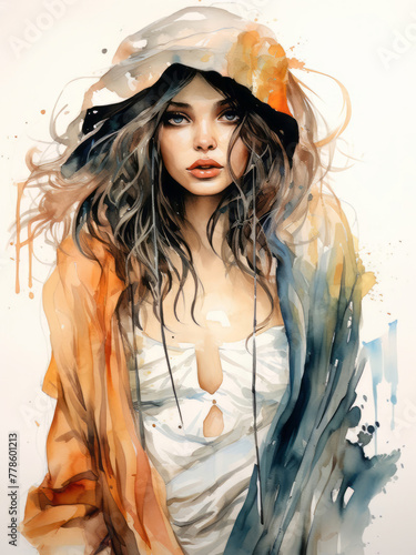 Watercolor elegant lady fashion illustration in yellow colors, grey wide brimmed hat, woman with makeup. Young and beautiful woman illustration for poster, print, fashion concept.